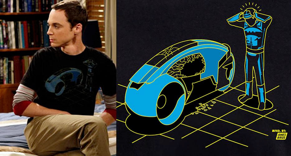 Bazinga! Sheldon from The Big Bang Theory poised in an Ames Bros Damn 2.0 T-Shirt
