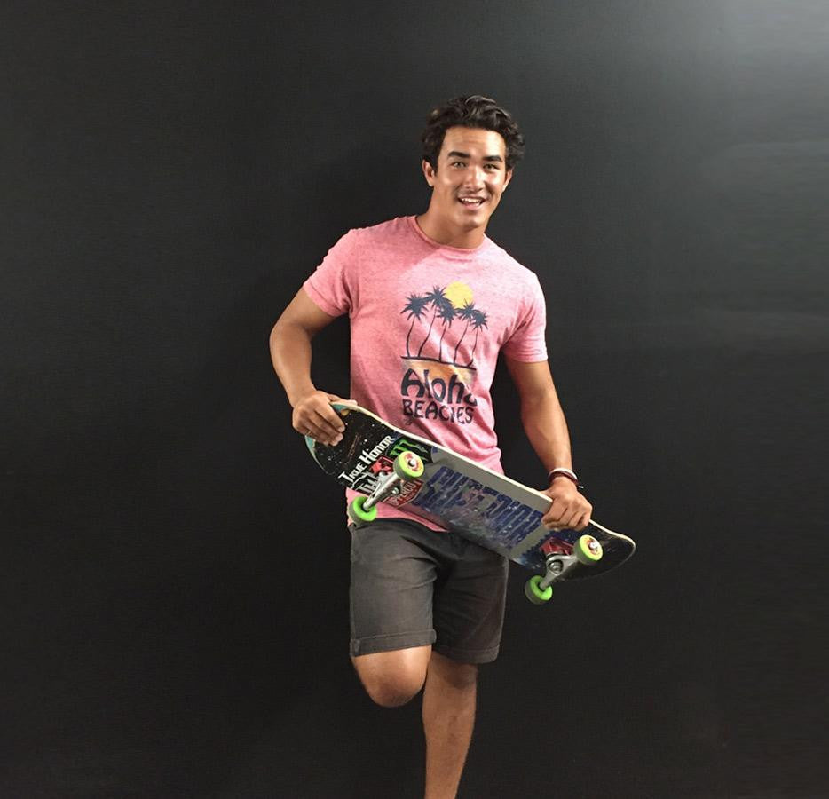 Pro Skater, Justin Burbage, stylin n' profilin' in an Aloha, Beaches Tee
