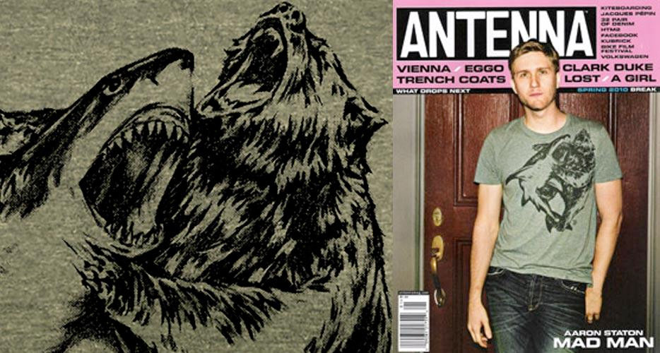 Aaron Staton from Mad Men hits the cover of Antenna wearing an Ames Bros Shark vs Bear T-Shirt